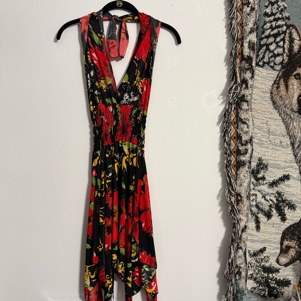 ☀️ Halter Floral Midi Dress in Red and Black
